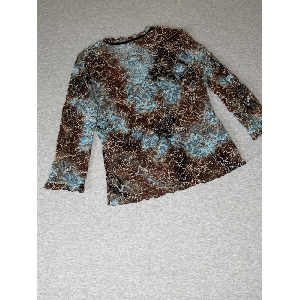 Tribal Women Brown Blue Floral Lace V-Neck Long Sleeve Top L 41810-468 - Picture 5 of 8